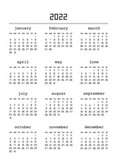 Calendar for 2022 year. Calendar planner set for template corporate design. Week starts from Sunday.