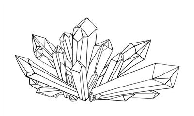 Vector line drawn crystals. Black and white illustration for coloring book for adults and children. Mineral quartz