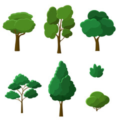 A collection of illustrations of some trees and bushes. Isolated on white background.