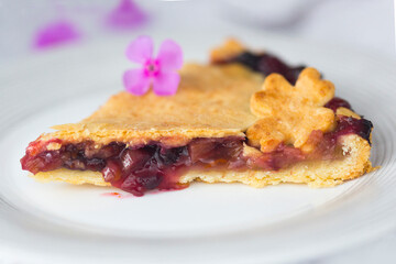 Piece of rhubarb or pieplant and blueberry pie surrounded by white porcelain dishes and violet phlox flowers on white tablecloth