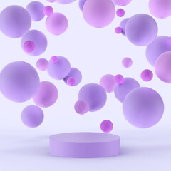 Purple podium for product presentation on light background with sphere bubbles. Mockup background with circle and copy space. Empty cylindrical platform for cosmetic concept scene stage showcase. 3D