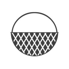 Round wicker storage basket. Vector drawing on blank background. Isolated black and white silhouette.