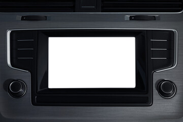 Obraz premium Closeup view of dashboard with navigation system in modern car. Mockup for design