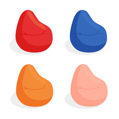 Set of soft pillows, pouf for sitting isolated on a white background. Comfortable fluffy seat, beanbag, upholstered furniture, flexible seat. Vector illustration in flat style. Collection.