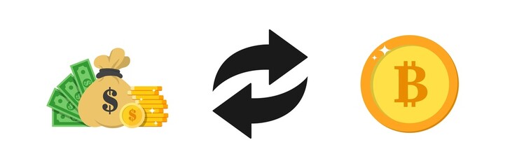 Bitcoin and dollar exchange vector illustration. Big pile of money and bitcoin. Cryptocurrency trading and mining concept.