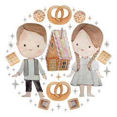 Watercolor Hansel and Gretel round composition on the white background