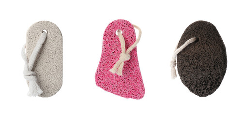 Set with different pumice stones on white background, banner design. Pedicure tool