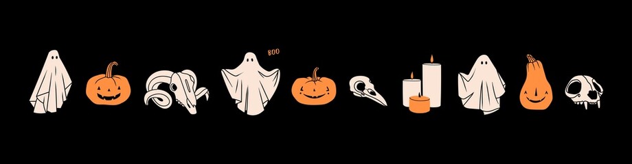 Set of Ghosts, orange Pumpkins, animal skulls. Halloween concept. Cute cartoon spooky characters. Holiday Silhouettes. Hand drawn trendy Vector illustration. All elements are isolated