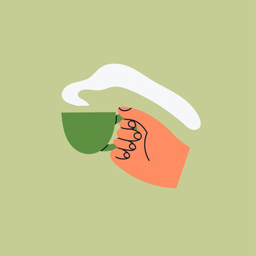 Hand holding a Cup with hot tea or coffee. Hand drawn colored trendy Vector isolated illustration. Cartoon style. Flat design. Print, poster, logo, social media icon template for your own design