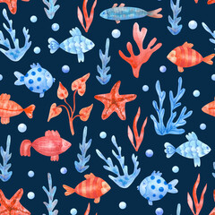 Watercolor seamless pattern with  colorful fish, seaweeds, starfish  and pearls or bubbles on navy blue. Underwater life hand painted illustration. Red and blue colors. Beautiful textile print.