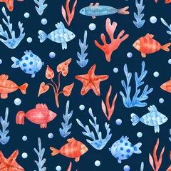Washable wall murals Sea life Watercolor seamless pattern with  colorful fish, seaweeds, starfish  and pearls or bubbles on navy blue. Underwater life hand painted illustration. Red and blue colors. Beautiful textile print.
