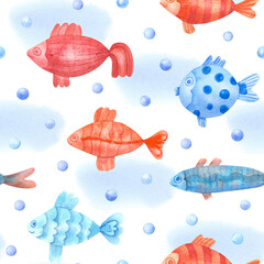 Watercolor seamless pattern with colorful fish, blue spots and pearls on white. Underwater life hand painted illustration. Great for fabrics,  kids clothes,  linens, playrooms decorating.