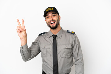 Young arab man isolated on white background smiling and showing victory sign