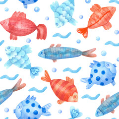 Watercolor seamless pattern with colorful fish, waves and pearls on white. Underwater life hand painted illustration. Great for fabrics,  kids clothes,  linens, playrooms decorating.