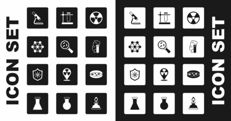 Set Radioactive, Microorganisms under magnifier, Molecule, Microscope, Chemical explosion, Test tube flask stand, Petri dish with bacteria and Shield protecting from virus icon. Vector