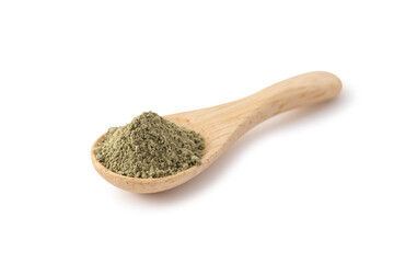 Andrographis paniculata powder in wooden spoon With green leaf isolated on white background.