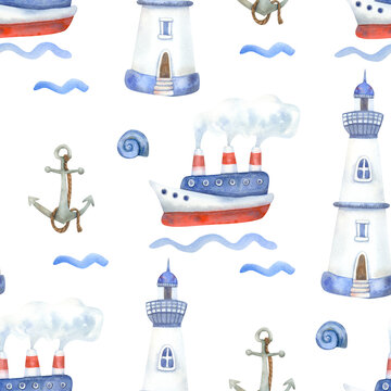 Watercolor seamless pattern with ships and lighthouses on white. Beautiful textile print. Great for fabrics, wrapping papers, wallpapers, linens, playrooms, kids clothes. Hand painted illustration.