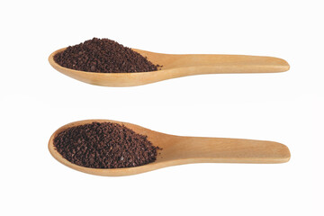 Coffee powder in Wooden Spoon isolated on white background.