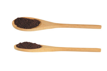 Coffee powder in Wooden Spoon isolated on white background.