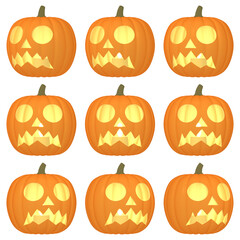 ハロウィンのイラスト素材　カボチャのお化け（D）　発光　九点セット　カット集