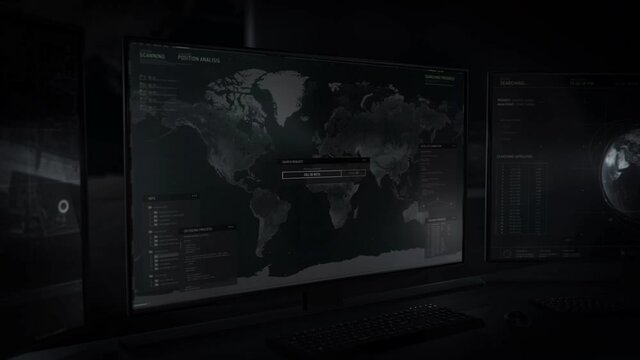 Spy Control Room Screen Software Detects Target In Ottawa On Global Map. Modern Spy Control Room Computer System For Location Tracking. Spy Control Room Information Network Connection. UI