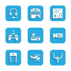 Set Airport control tower, Helicopter, Aircraft steering helm, Airline ticket, Metal detector airport, Drone remote, World travel map and Headphones with microphone icon. Vector