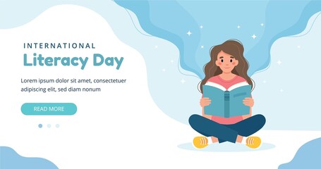 Fototapeta na wymiar Literacy day concept. Woman reading book while sitting. Cute vector illustration banner template