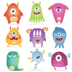 Cute cartoon Monsters. Vector set of cartoon monsters: caterpillar, ghost, goblin, bigfoot, microbe and alien. Halloween characters are isolated