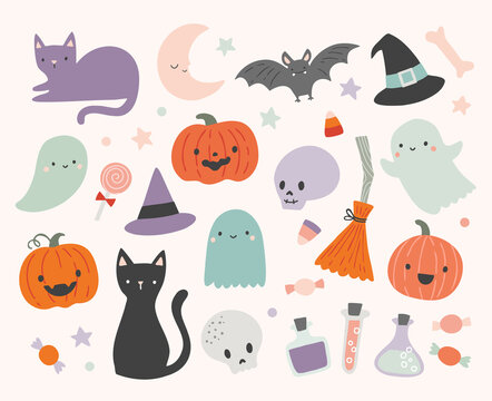 Set of cute Halloween illustrations including ghosts, cats, bats, pumpkins, candy. Fun Halloween elements