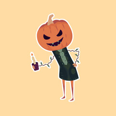 Vector illustration of a pumpkin  jack O Lantern for halloween. Hand drawn cartoon scarecrow with candle sticker for logo, icon, banner, poster.