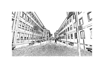 Building view with landmark of Karlsruhe is the 
city in Germany. Hand drawn sketch illustration in vector.