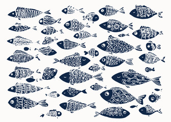 A set of stylized fish of dark blue color. Isolated elements of sea fish drawn in a cartoon style with patterns of dots and lines without a contour on a light background for a design template