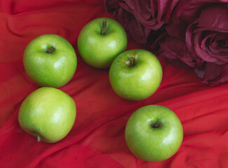 Five Green Apples,peel wet from waterdrops