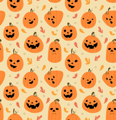 Seamless pattern with emotional halloween pumpkins in cartoon style