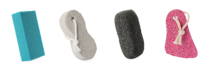 Set with different pumice stones on white background, banner design. Pedicure tool