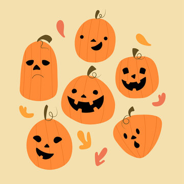 Set of emotional halloween pumpkins in cartoon style