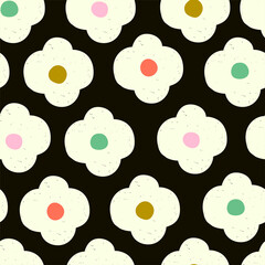 Abstract floral seamless pattern in hand-drawn style. Decorative white flowers on black. Digital graphic design. Floral and geometrical shapes texture.