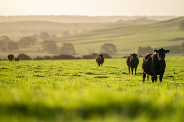 Angus, murray grey and Dairy cows Eating lush green grass in Australia