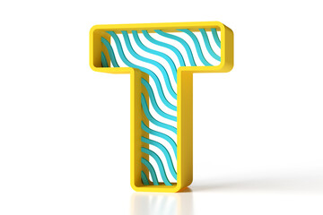 3D letter T designed with yellow outline and bluish waves pattern. Funny toy style lettering. High resolution 3D rendering.