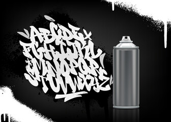 Handwritten graffiti font alphabet on spray paint background with aluminium aerosol can. Vector illustration © Yevhen