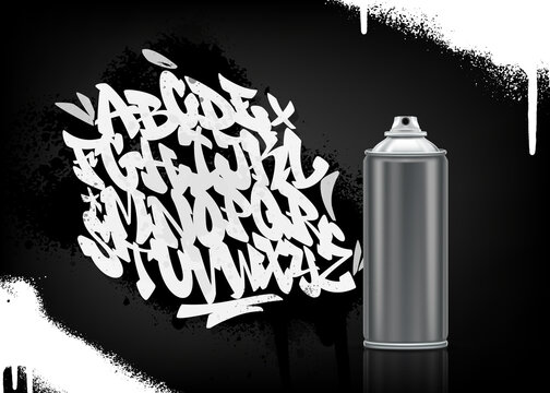 Handwritten graffiti font alphabet on spray paint background with aluminium aerosol can. Vector illustration
