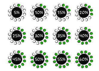 Sale off symbol. Cartoon, timer icons set, twelve timer indicators showing from 5 minutes to 60 %, Flat vector icon or pictogram. Countdown timer interval. Load, loading discount sign. Green