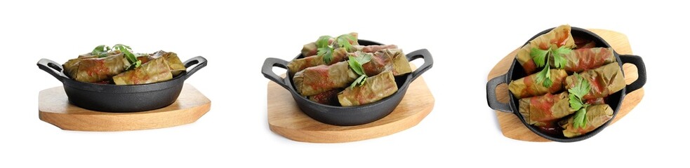 Delicious stuffed grape leaves with tomato sauce on white background, collage. Banner design
