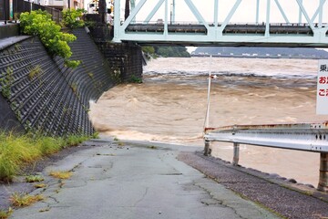 濁って増水した木曽川の濁流　川の洪水と氾濫