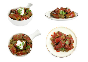 Delicious stuffed grape leaves with tomato sauce on white background, collage