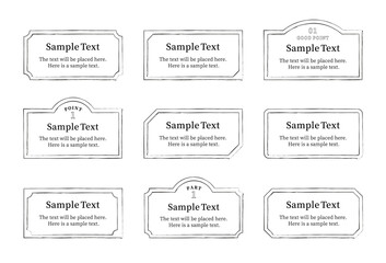 シンプルなフレーム、枠、見出し、ポイント、ラベルのイラストセット（手描き風、モノクロバージョン）
