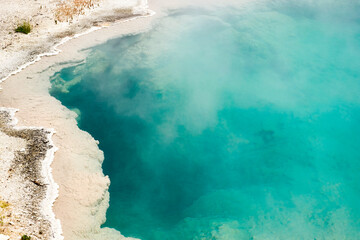 Bright Blue Turquoise Crystal Clear Hot Spring in Yellowstone National Park, Wyoming, USA