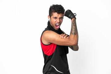 Sport brazilian man with towel isolated on white background doing strong gesture