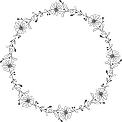 Black and white pencil drawing flower laurel wreath frame in rustic style. Good for element to create greeting card, vinyl or any print on demand and DIY.