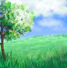 Illustration nature landscape background. Tree and bright sky and green meadow. Freehand drawing.